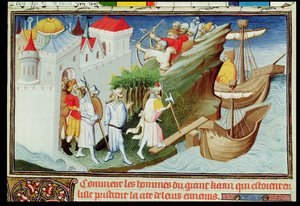 Mr Fr 2810 f.72、グレートカーンの兵士たちは、シパング島を &39;Livre des Merveilles du Monde&39;、c.1410-12（ベラムのテンペラ）からとります（220421も参照） 作： Boucicaut Master